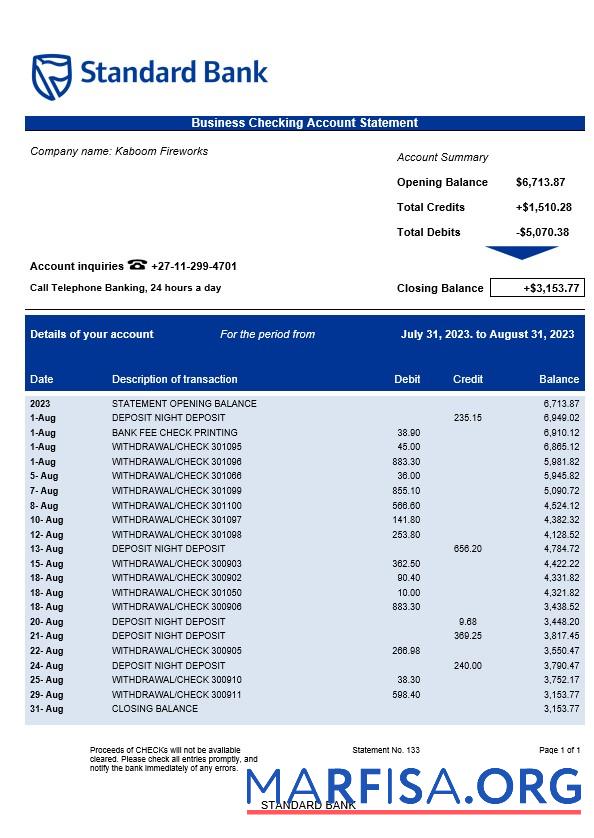 Printable Standard Bank organization statement Word and PDF template